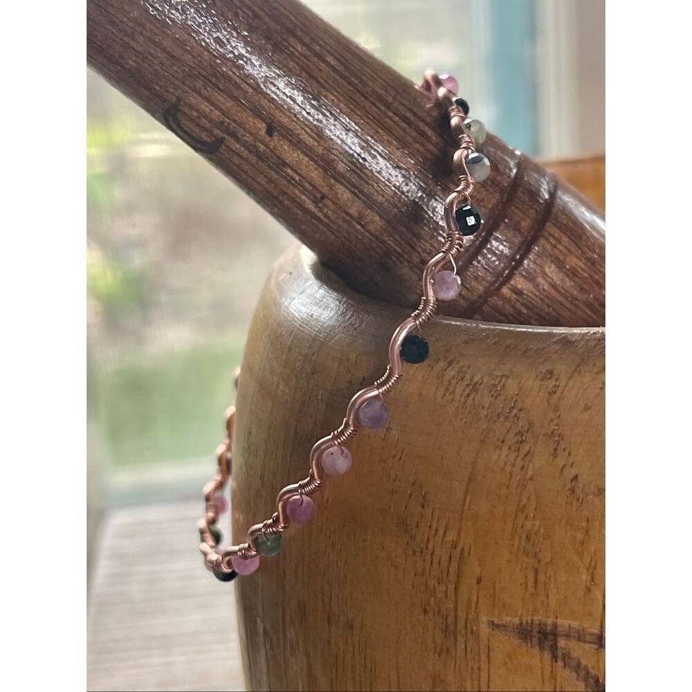 Rainbow tourmaline 8” 99.9% copper wire beaded beads handcrafted handmade dainty